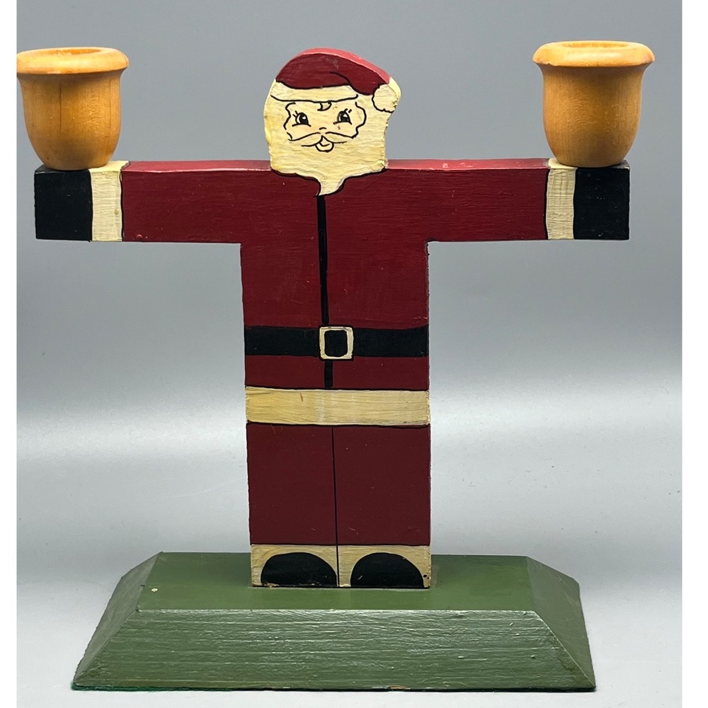 Vintage Hand-painted wooden Santa folk art Candle Holder